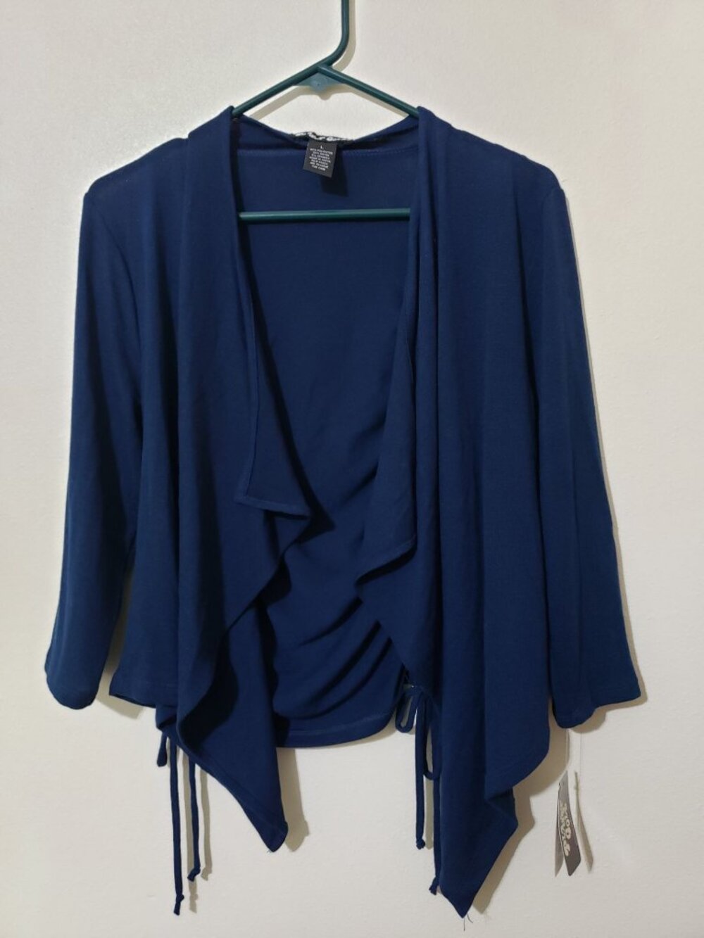 Planet Gold navy, open front, long sleeve, ruched back cardigan, size L